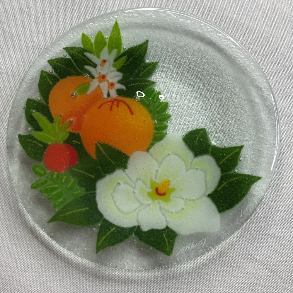 Peggy Karr‎ Signed Fused Glass Plate Oranges Magnolia Blossoms Citrus Art Glass